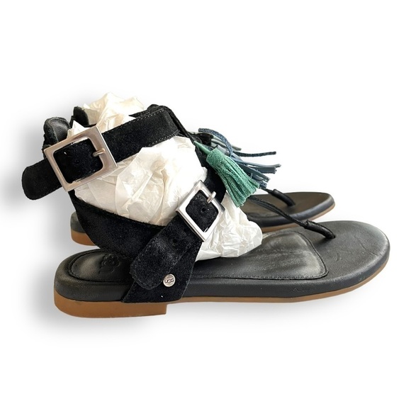 Ugg Lecia Black Suede Leather Tassel Ankle Wrap Gladiator Sandals - Picture 10 of 16